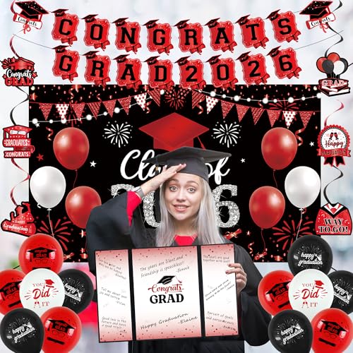 Image of Vlipoeasn Red 2026 Graduation Party Decorations Black Red 2026 College /High School Graduation Decorations Party Supplies, Class of 2026 Congrats Grad Backdrop Banner Signature Book