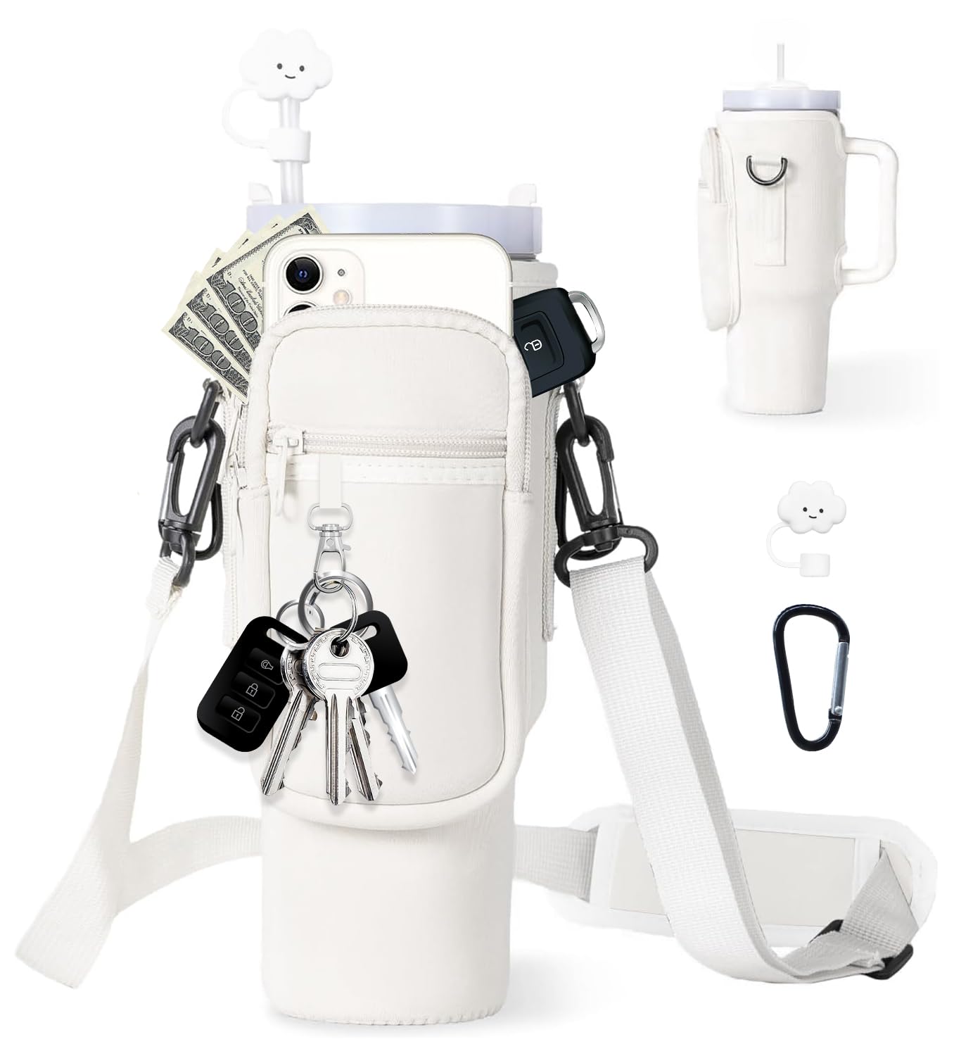 dabria Water Bottle Carrier Bag with Phone Pocket for Stanley 40/30 oz Tumbler Neoprene Water Bottle Holder Pouch with Adjustable Strap Bollus with Straw Cover & Carabiner for Stanley Cup Accessories