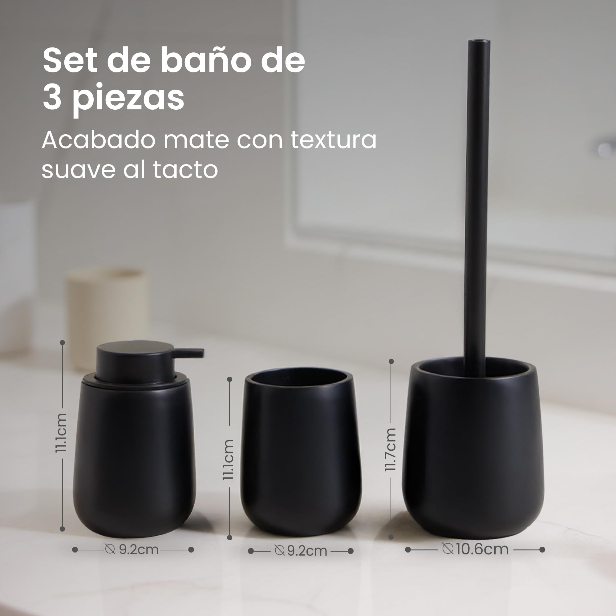 Set de Baño Moderno de 3 Piezas, Accesorios de Resina | Dispensador de Jabón 380 ml + Vaso para Cepillos de Dientes + Escobilla de Inodoro, Juego de Aseo Diario, Libre de BPA (Negro)