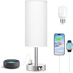 Fenmzee White Touch Bedroom Table Lamp - 3 Way Dimmable Bedside Lamp USB C A Charging Ports and AC Outlet, Small Lamp Nightstand with Silver Base for Living Room, Office Desk, LED Bulb Included