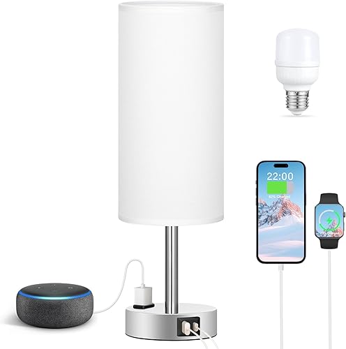Miniatura 6 de Fenmzee Lámpara de mesa blanca táctil para dormitorio, lámpara de noche regulable de 3 vías, puertos de carga USB C A y salida de CA, lámpara