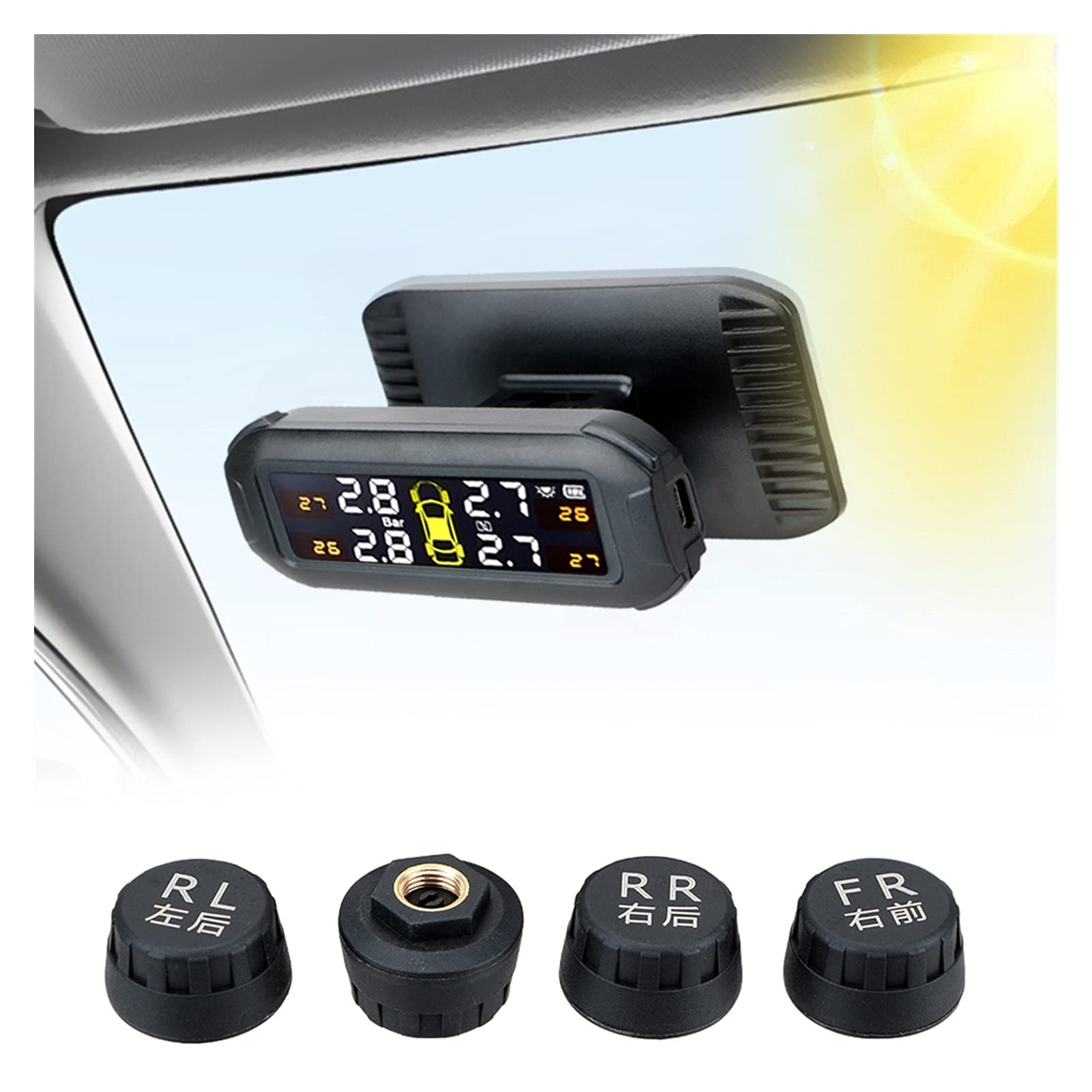 System kontroli ciśnienia w oponach samochodowy monitor ciśnienia w oponach Solar TPMS. System monitorowania ciśnienia w oponach z 4 zewnętrznymi czujnikami magazynowania paliwa