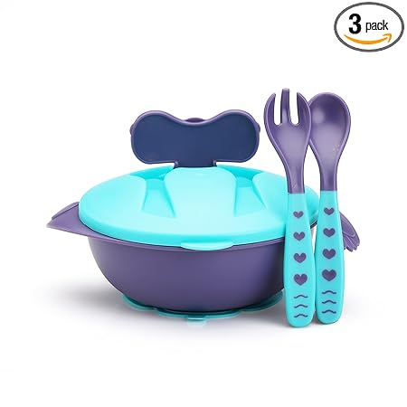 LuvLap Baby Feeding Bowl with Lid, Spoon & Fork Set, for Feeding & Weaning, Baby Tableware Set, Soft First Stage Feeding Baby Bowl with Divider Plate & Spoon Set for Baby & Kids (Blue)