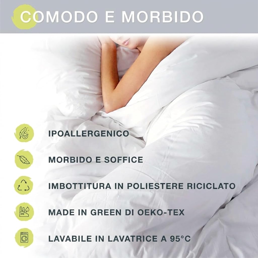 Piumino singolo 140x200 cm bianco lavabile Letto 80/90, Piumone trapuntato certificato MADE IN GREEN, ipoallergenico, morbido, durevole, in fibra cava di poliestere riciclato 350g/m3