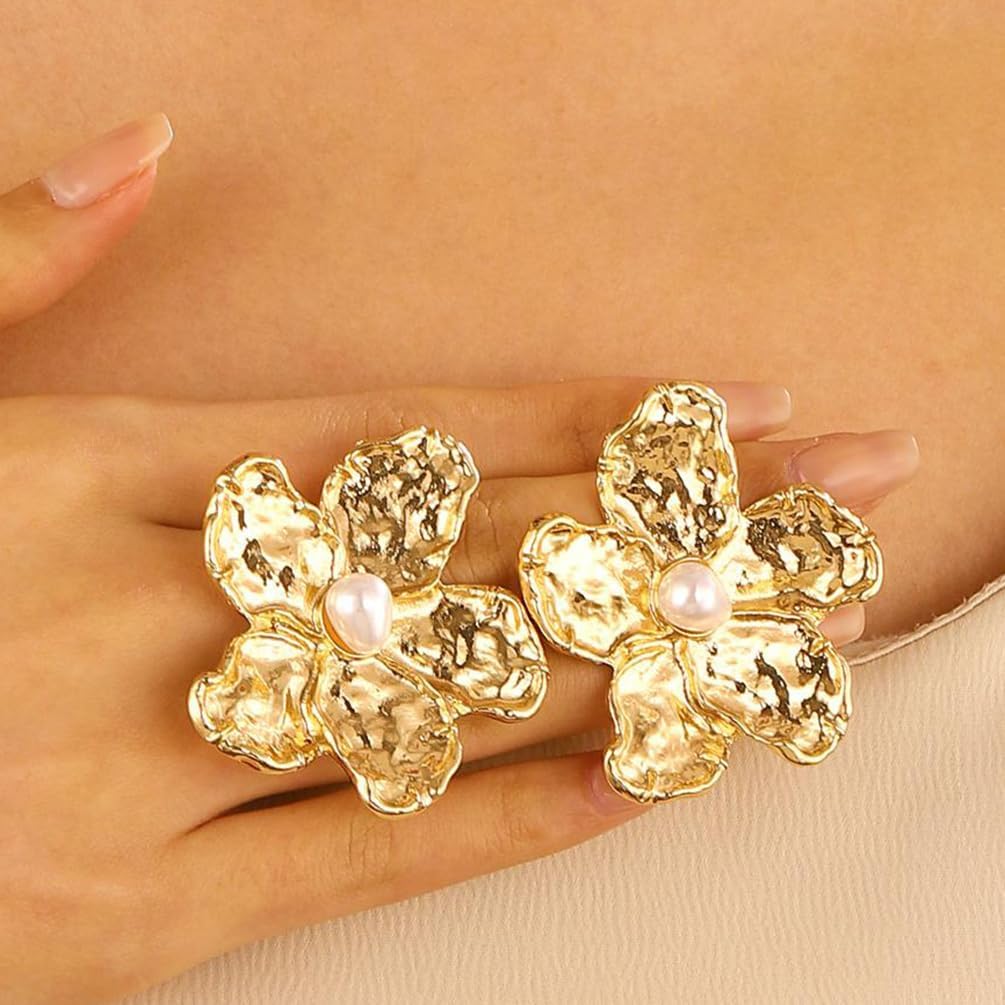 Statement Gold Big Hammered Flower Pearl Earrings for Women Trendy, Charm Boho Silver Large Floral Stud Earring Party Prom Y2k Aesthetic Jewelry Gifts - Image 4