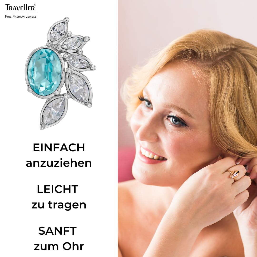 Traveller Ohrclip - Damen - Silberfarben - Kristalle - Hell Blau/Aqua Bohemica - Platiniert - Halbe Blume - 20 x 12 mm - 157781