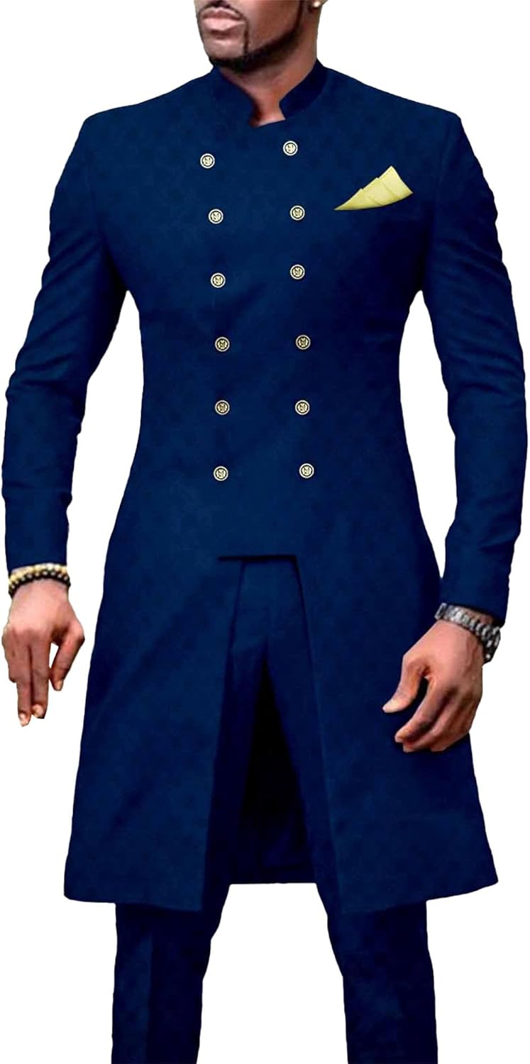 Men's Double Breasted 2 Piece Set Slim Fit Stylish African Tuxedo Jacket & Pants Wedding Prom Party Tailcoat Suit