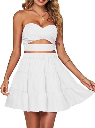 Umenlele Womens 2 Piece Outfit Ruched Twist Tube Top and Ruffle Layer Short Mini Skirt
