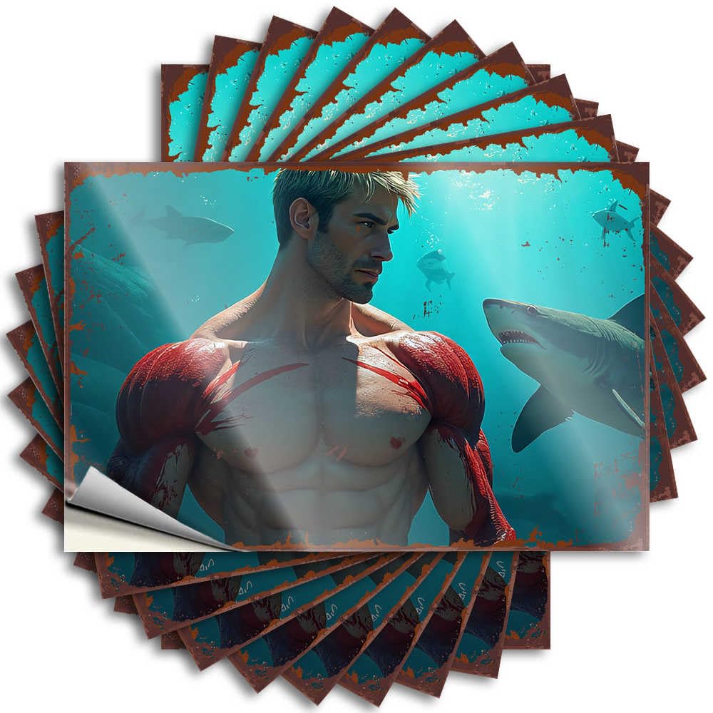 Muscular Man Confronts Sharks in Underwater Battle Vintage Kitchen Accessories Big - Stickers Cover Waterproof Decal(8X12CM)