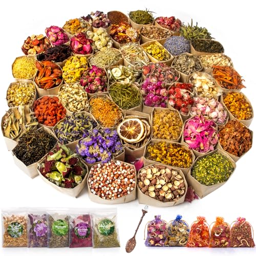 50 Bags Dried Flowers - Natural Dried Herbs Kit for Soap Making, DIY Candle, Resin Jewelry Making, Bath, Witch - Bulk Flowers Include Rose Petals, Lavender, Lemon, Jasmine, Rosemary, and More