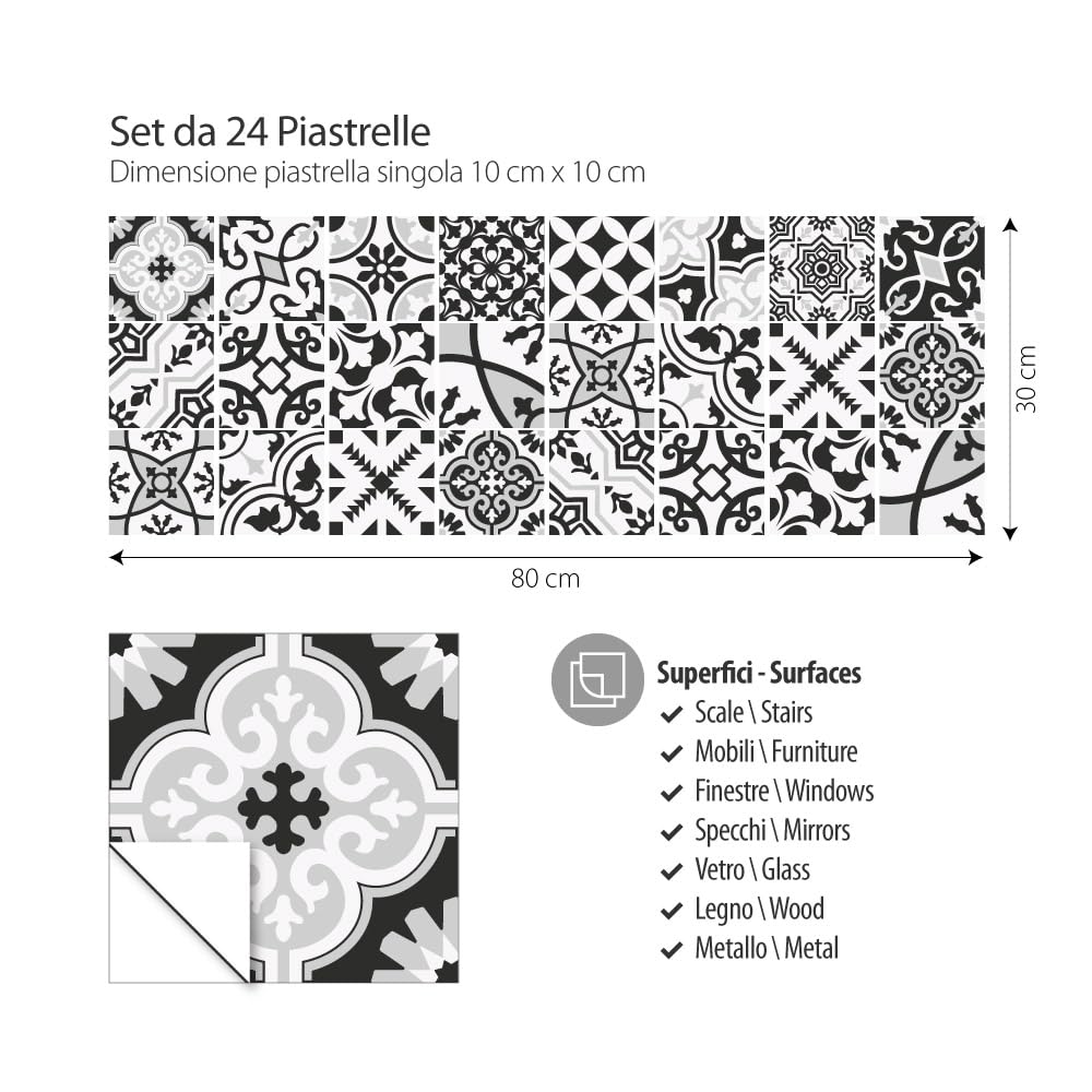 RE-COVERTILES - Adesivi per Piastrelle Bagno e Cucina 24 Pz 10x10 cm - PS00153 Decorazione murale in PVC Impermeabile mattonelle Mosaico Stile cementine Azulejos