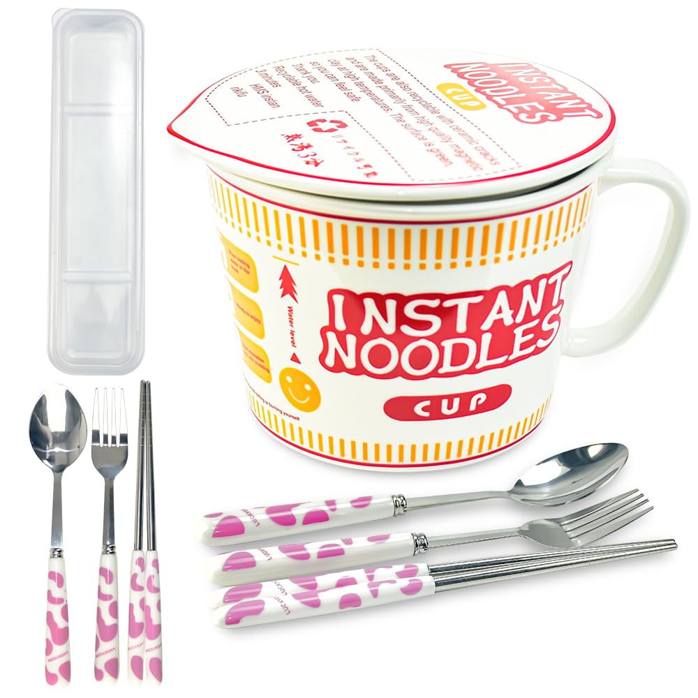 Tazón de Fideos Ramen Cuenco de Cerámica para Ramen con Tapa 1000ml Cuenco Fideos Instantáneos con Set de Cuchillo Tenedor y Cuchara Tazón de Sopa con Asa para Ramen Pasta Ensaladas Snacks