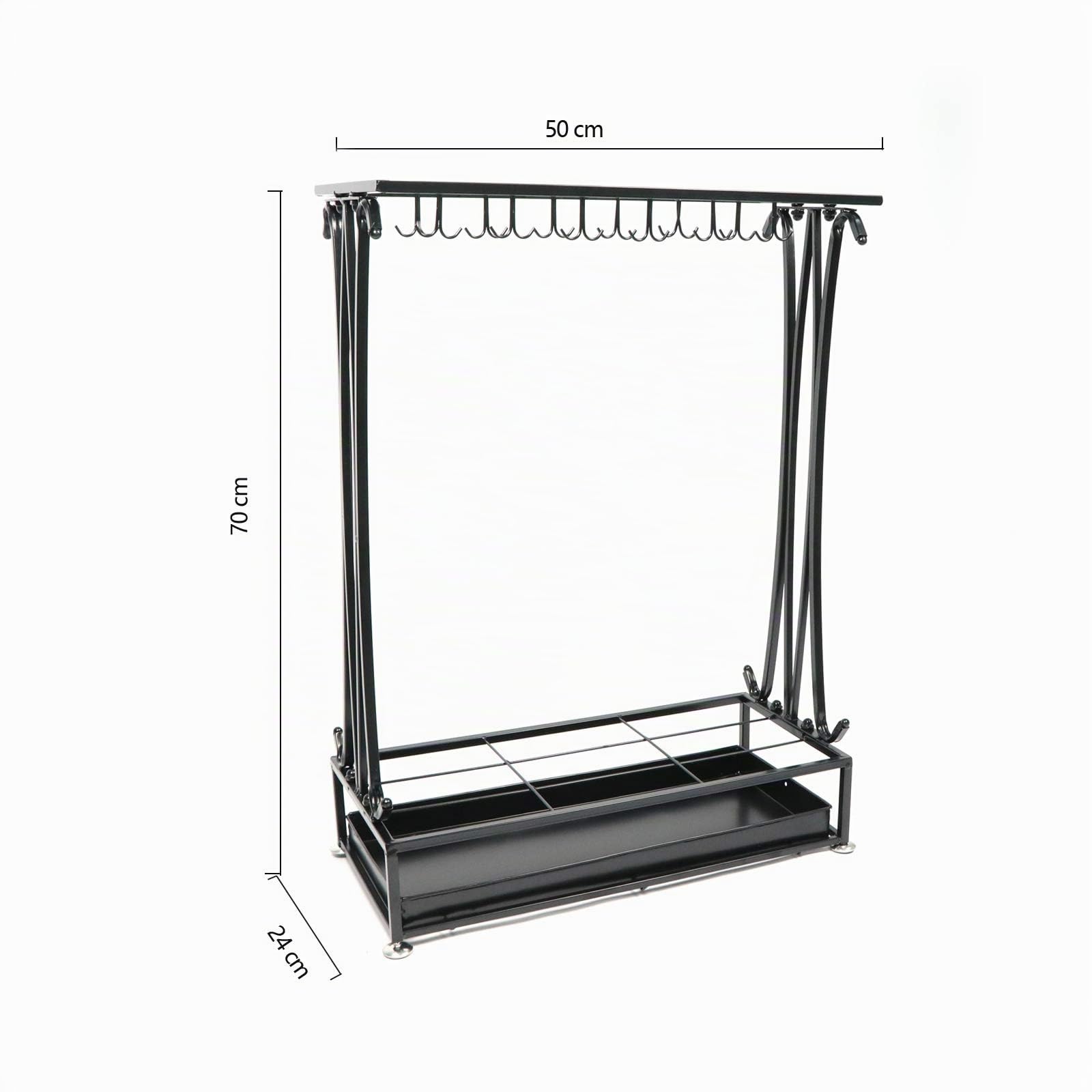 Metall Schirmständer Gehstockhalter mit einem freien Boden Regenwasser-Leckschale (Schwarz, 70 x 50 x 24 cm)