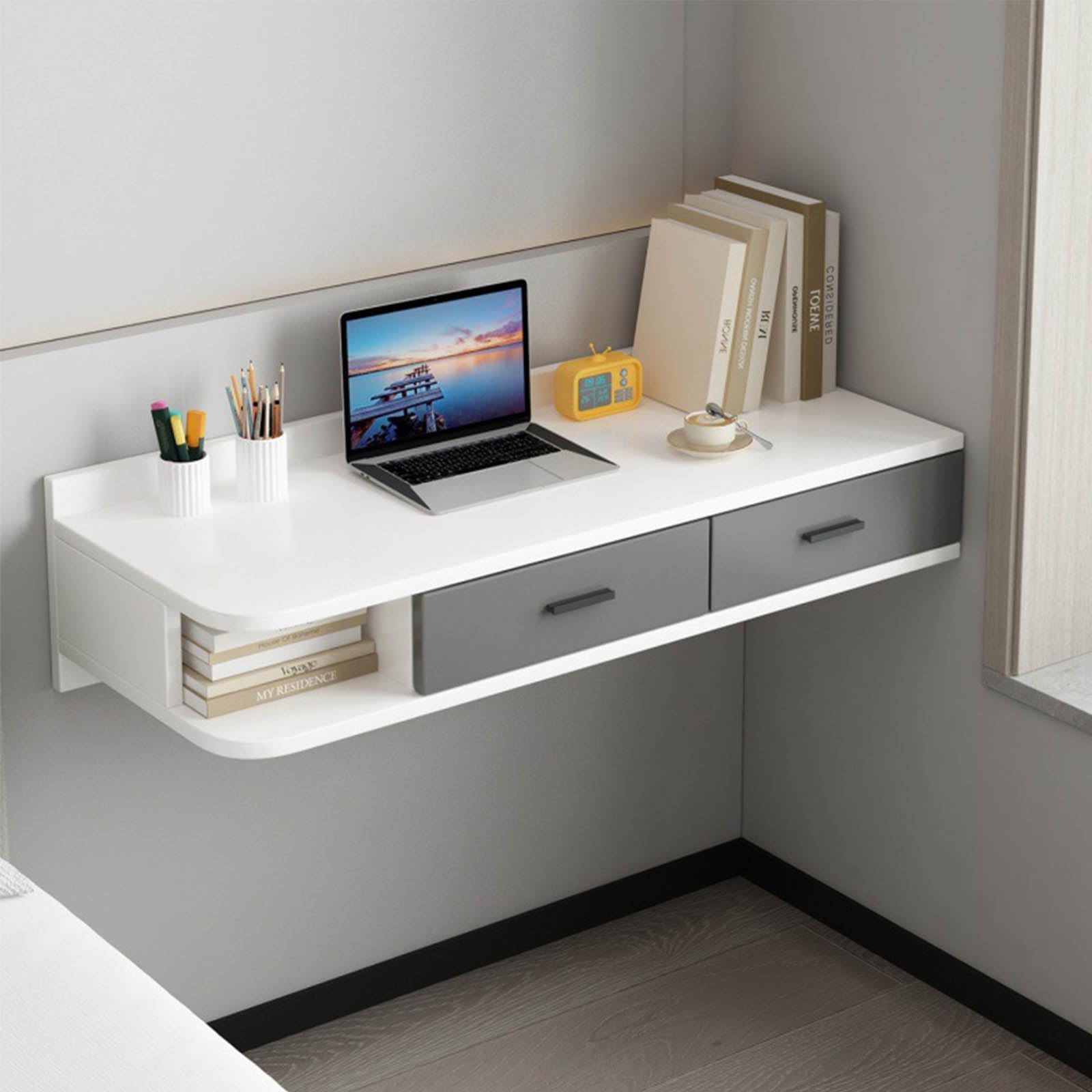 asdchZen Wall-Mounted Floating Dressing Table With Drawers, Makeup Vanity Desk For Bedroom, Open Storage Computer Desk Cabinet,B-80x40(31x16inch)