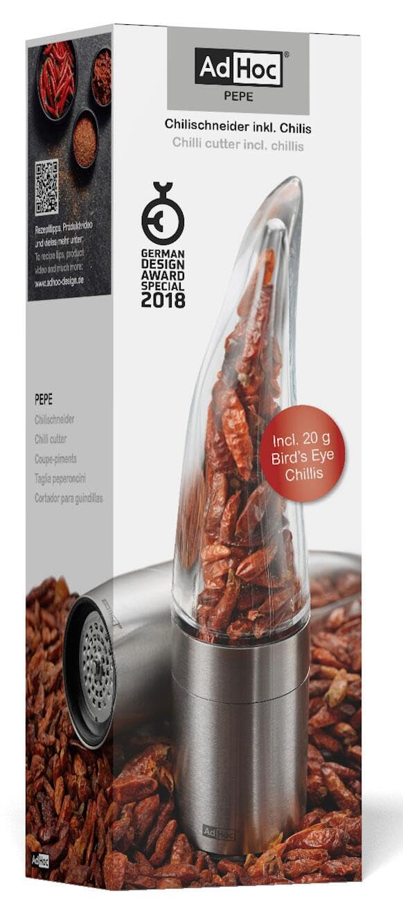 AdHoc MP203 Geschenkset Chili-Schneider PEPE mit 20 g Bird's Eye Chilis, Edelstahl/Acryl