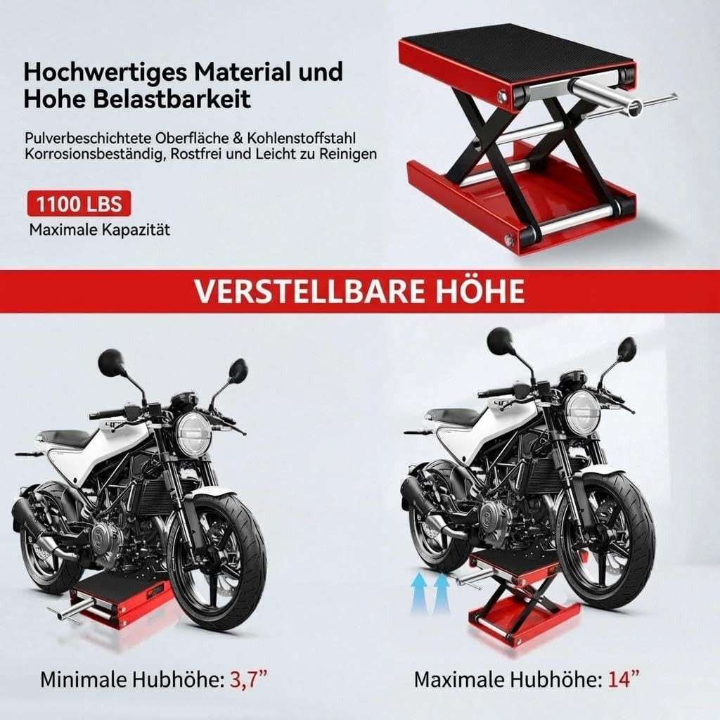 Motorcycle Lift Motorcycle Scissor Jack 500 kg - Motorcycle Jack Height Adjustable 160-475 mm, Non-Slip Platform, Without Wheels & Safety Bolts, Robust Steel Lifter for Motorcycle, ATV & UTV