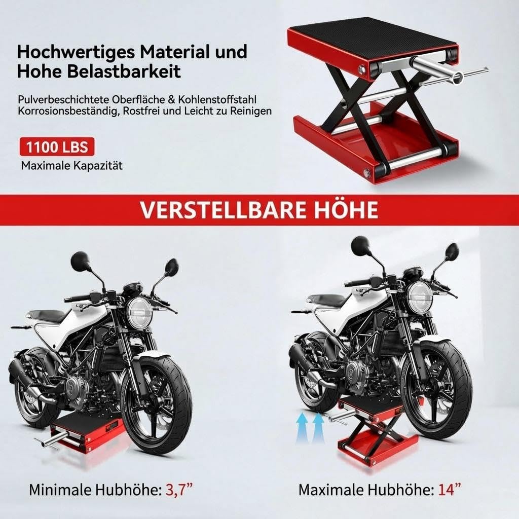 GarveeTech 500kg Motorradhebebühne Scherenheber, 160-475mm Motorradheber | Rutschfeste Gummiauflage, Inkl. Sicherheitsbolzen, Hohe Stabilität, Für ATV & UTV Wartung, Robust, Einfache Handhabung