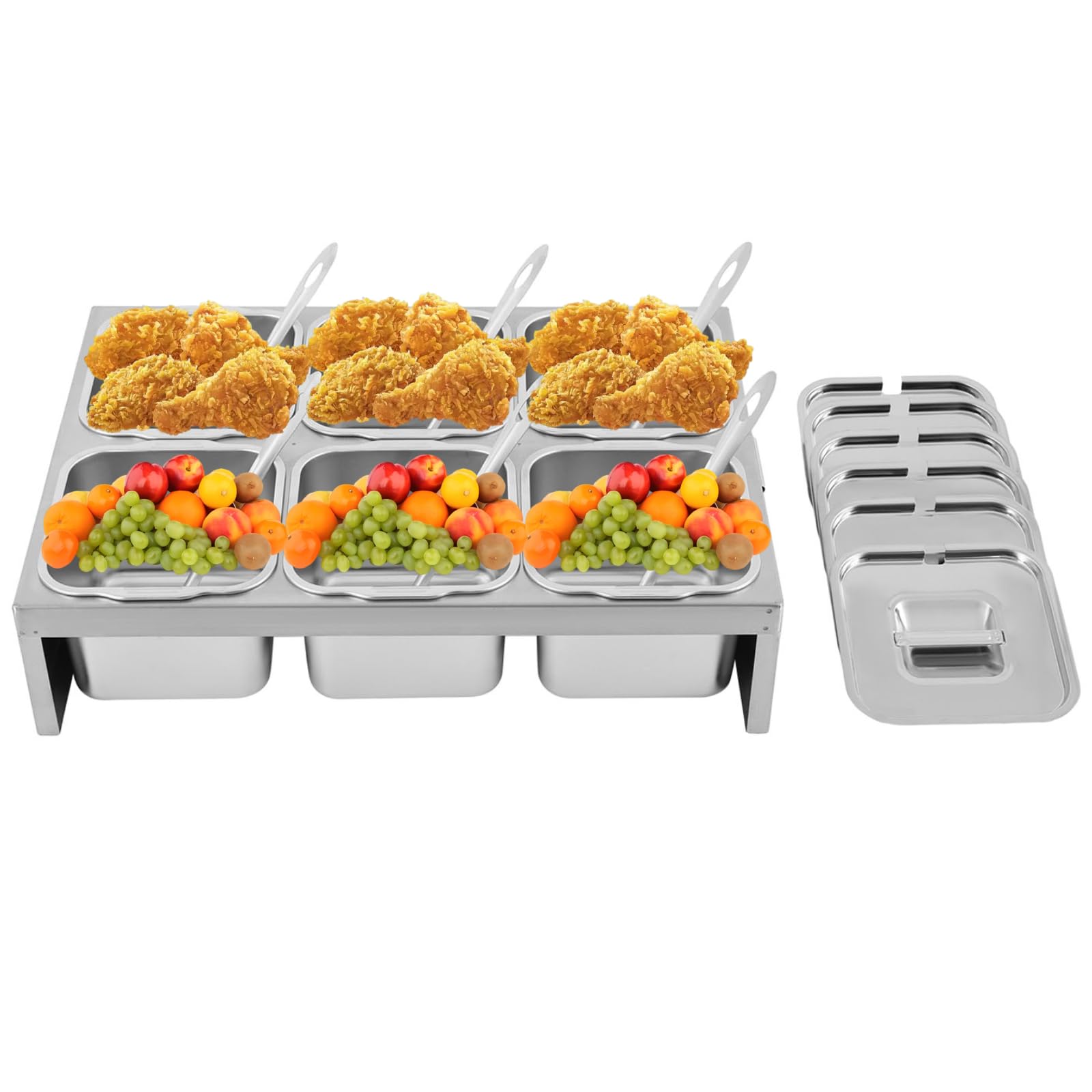 LEYSRIS Countertop Food Serving Display Container, 6 Pan Stainless Steel Food Serving Tray Detachable Food Storage Container, Buffet Condiment Dispenser Display Rack with Spoons