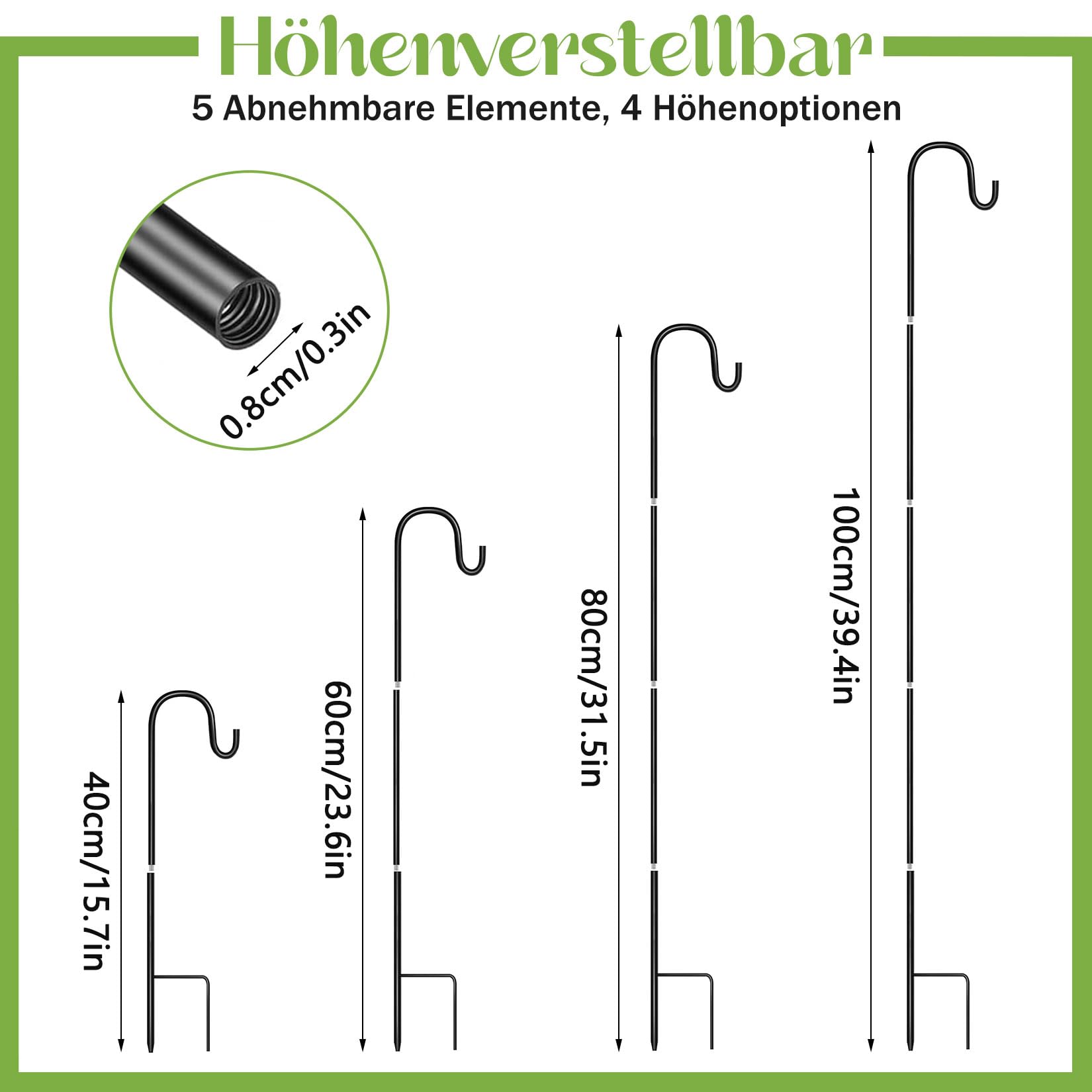 Gancho de pastor de 100 cm, 4 ganchos de pastor con 4 placas para plantas, altura ajustable, barra de pastor, arco, gancho de metal con gancho para jaulas de pájaros, carillones de viento