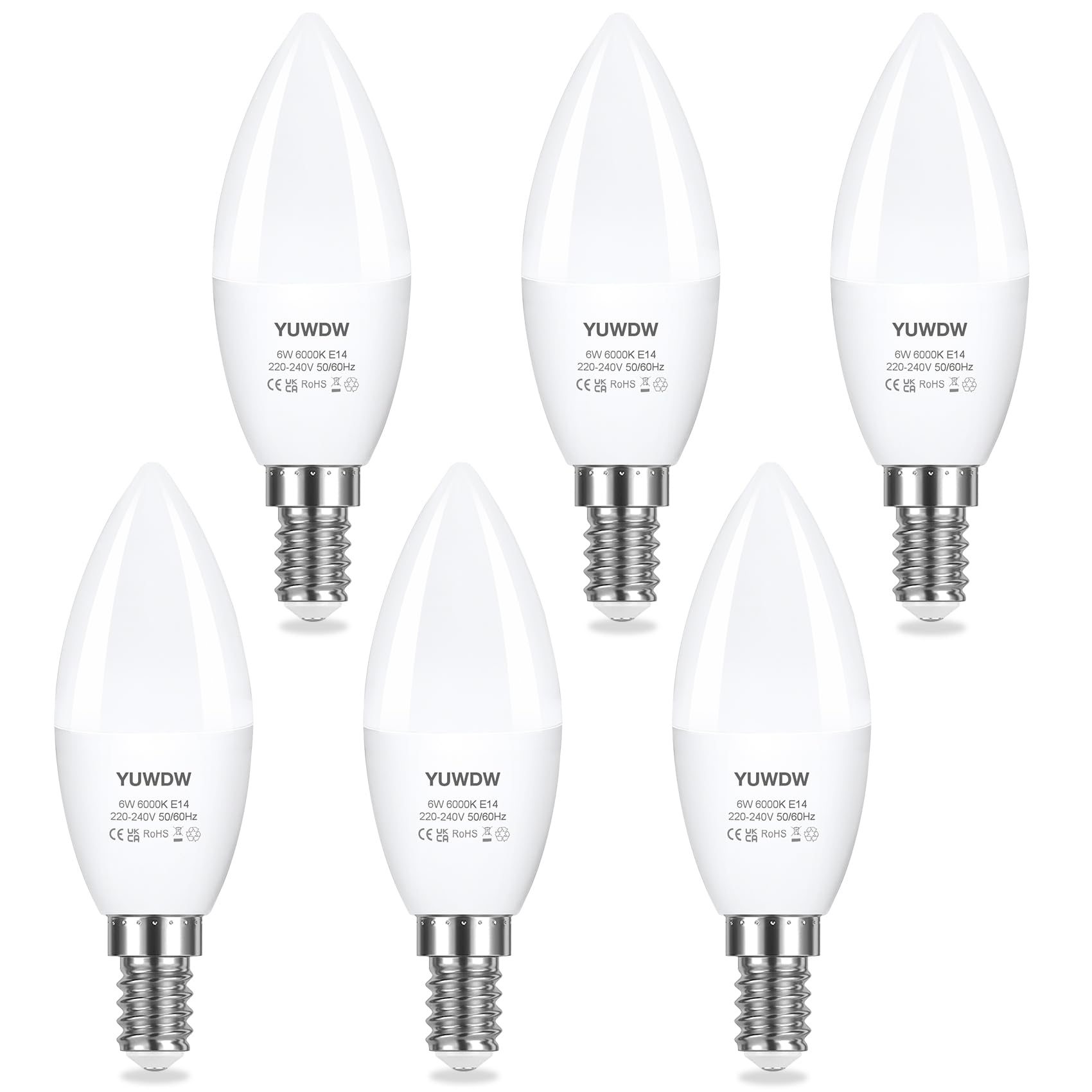 YUWDW E14 LED Light Bulb,Cool White 6000K,6W (60 Watts Equivalent) SES LED Candle Bulbs Small Screw,Energy Saving Edison Screw Light Bulbs,550 Lumen Candle Light Bulbs,Non-Dimmable,Pack of 6