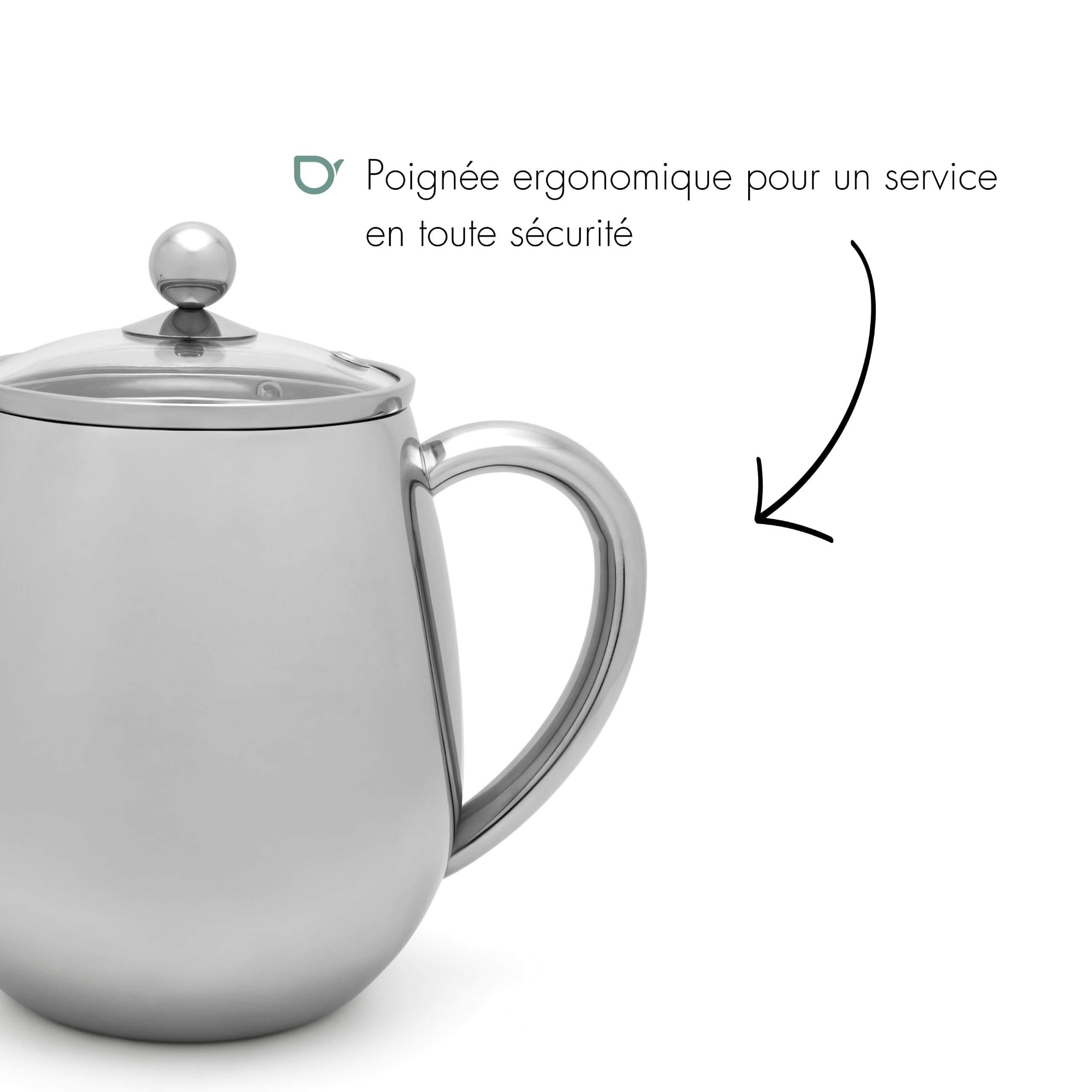 Bredemeijer Theiere Avec Infuseur, Filtre à Thé Inox, 1,1 Litres - Argent | Théière avec Infuseur Double Paroi, Théière Isotherme 1h, Couvercle en Verre, Filtre à Thé et Bec Anti-Goutte