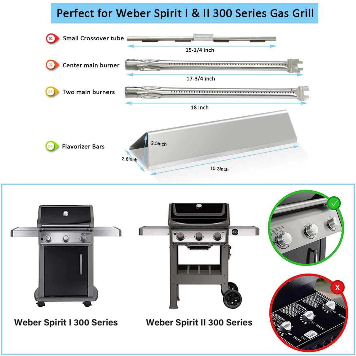Bruciatore di Antivari 69787 di Antivari 69787 della sostituzione del | Tubi bruciatori in acciaio inox da 45,7 cm, piastre termiche da 38,9 cm per Weber Spirit / II serie 300 E320 E330 S310 S320