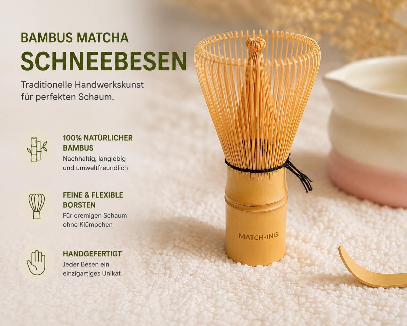 Juego de 4 piezas de Matcha, cuenco de cerámica Matcha, escoba matcha de bambú (Chasen), soporte para escobas y cucharas – Juego de accesorios para matcha japoneses – Rosa