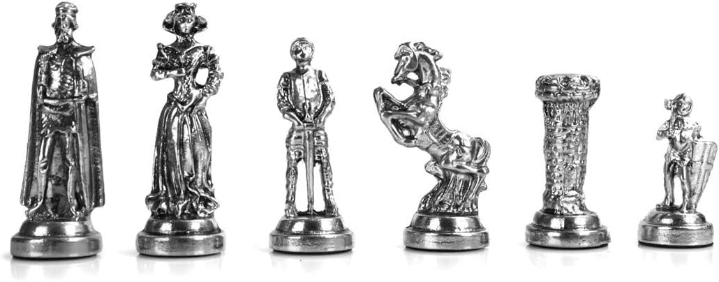 Medieval British Army Figures Metal Chess Set for Adult,Handmade Cool Pieces and Medium Size Natural Solid Wooden Chessboard with Pearl Design Around Board (Rose)