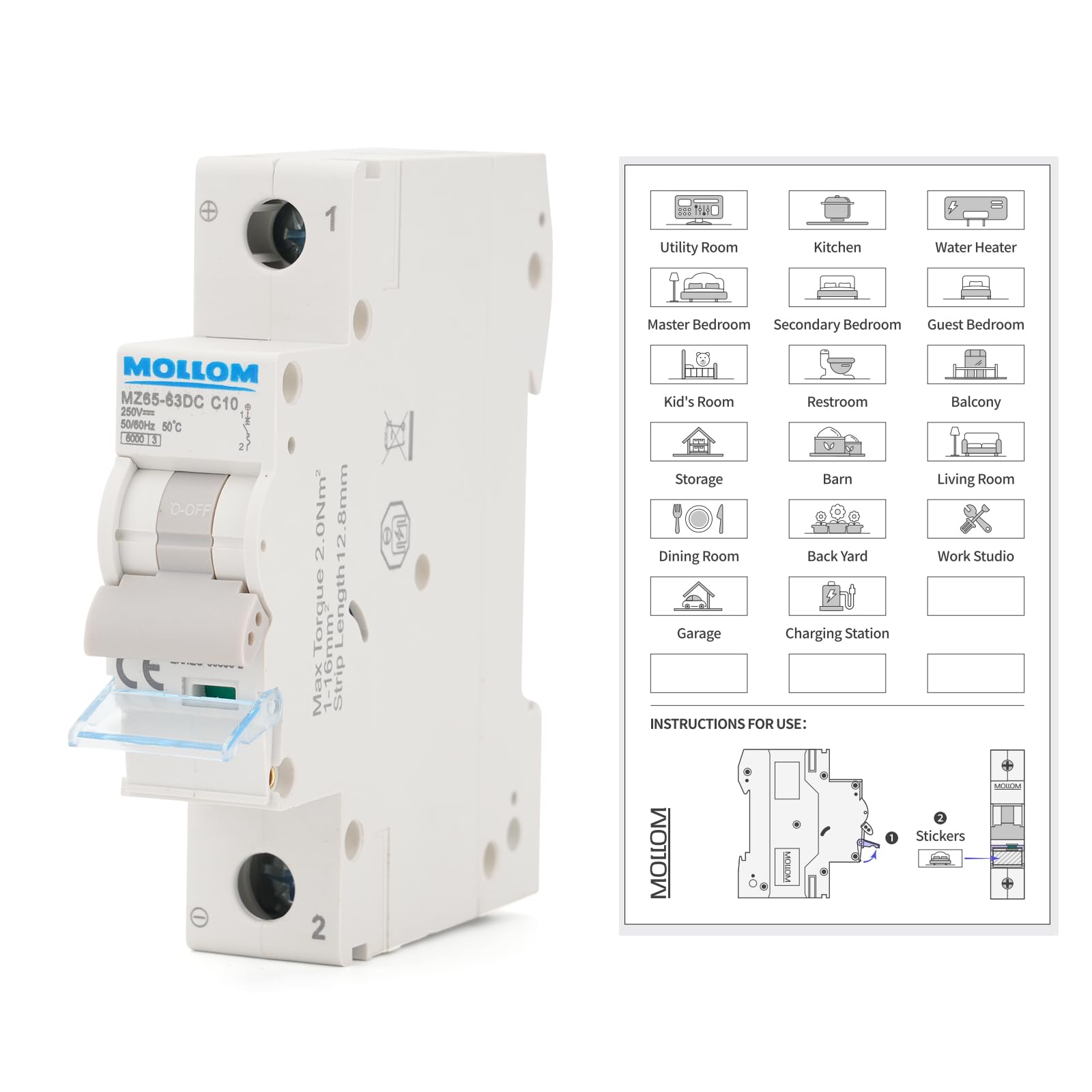 MOLLOM DC 1 Pole Miniature Circuit Breaker, 250V 10Amps, C10 Scene Visualization Custom MCB Thermal Magnetic Trip, 6KA Breaking Capacity DC Disconnect Switch for Solar PV System