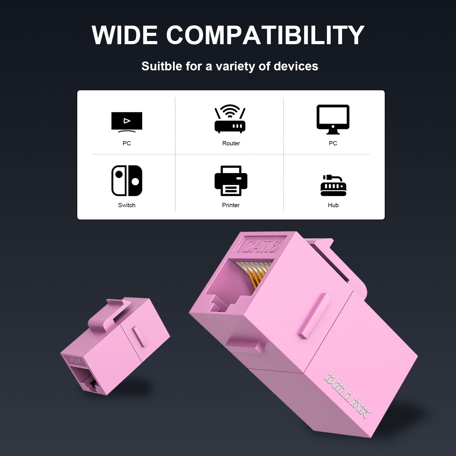 iwillink Lot de 25 coupleurs Keystone Cat6, femelle vers femelle Cat6 RJ45, coupleur Keystone UTP pour câble réseau Cat6/Cat5e/Cat5, rose