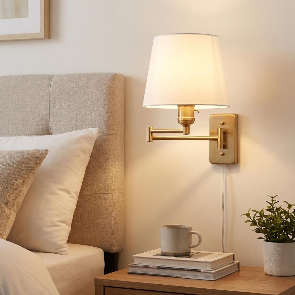 B·LED BARCELONA LED BarcelonaLED Gelenkarm Wandleuchte Modern Nordic Gold mit Stecker Kabel und Schalter Stoffschirm Weiß E27 Stecker zum Lesen Schlafzimmer Nachttisch Hotel