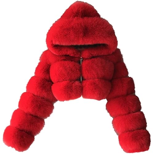 TIMEMEANS Womens Short Fur Faux Crop Hooded Pullover Warm Furry Splicing Jacket Long Sleeve Outerwears