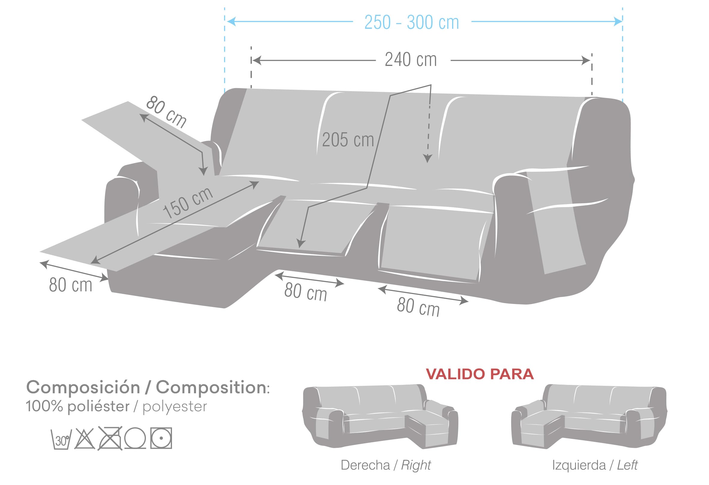 Milica Funda Chaise Longue Relax Acolchada Reversible 240cm Gris | Cubre sofá con Asientos reclinables | Tejido Liso Lavable en Lavadora | Protección Diaria | Brazo Derecho o Izquierdo