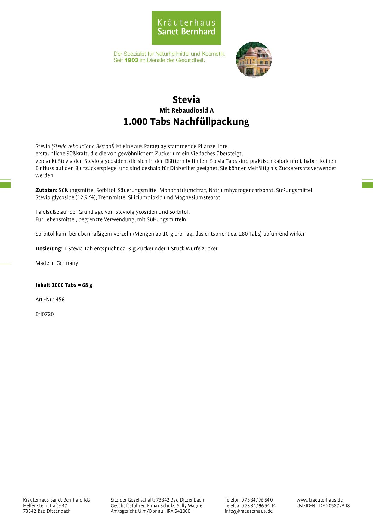 Sanct Bernhard Stevia-Tabs - 600 Tabs im Dosierspender + 2.500 Tabs Nachfüllpackung