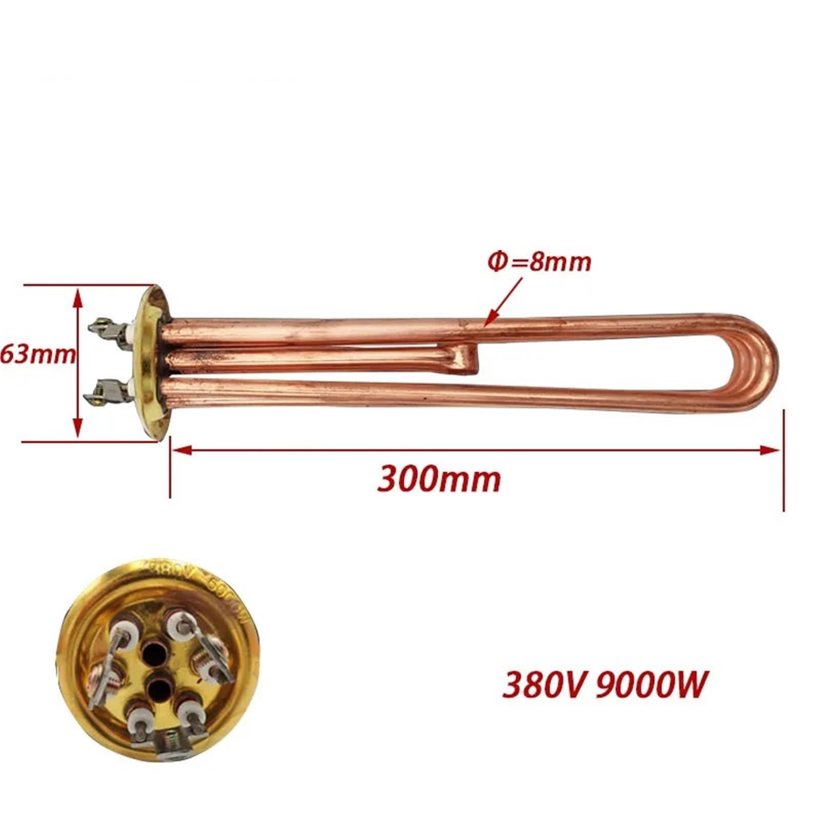 Riscaldatore istantaneo a 3 fasi, 380 V, 9 kW, flangia rotonda da 63 mm, in rame, ad immersione, 1 pezzo (B 380 V, 9 KW)
