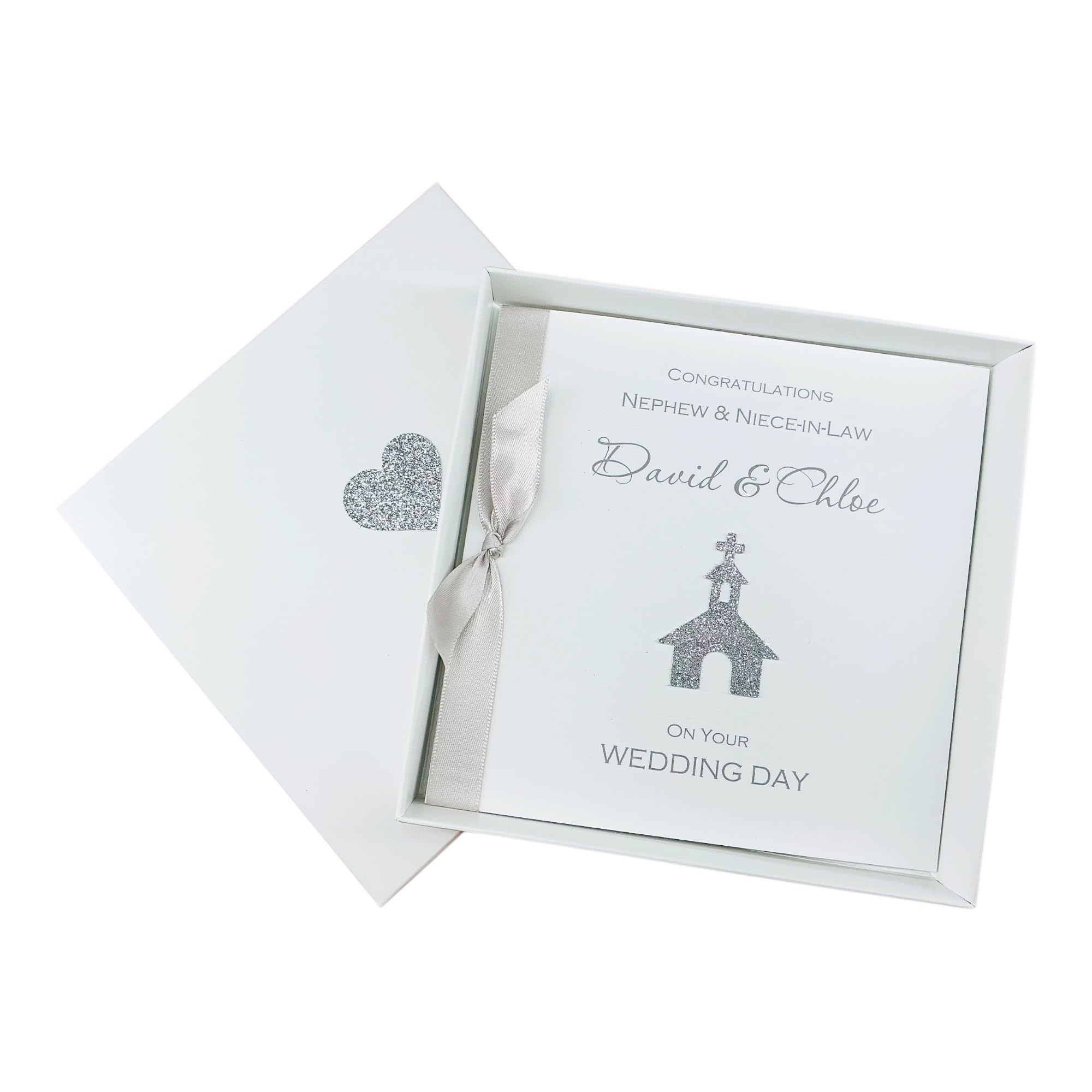 Nephew & Niece-in-Law Wedding Day Card - Personalised Greeting Card, Congratulations Gift - A5 Card - 18 Colours to Choose - LUXURY BOW (Glitter Church - Nephew & NIL) - WD