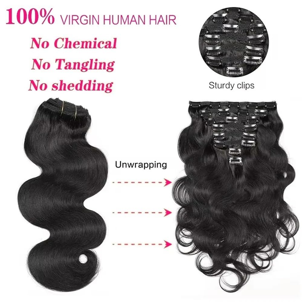Body Wave Clip Ins przedłużki z prawdziwych włosów, falowane, na całą głowę, dla czarnoskórych kobiet, naturalne, prawdziwe włosy Remy, grube końcówki, 120 g, 35,6-66 cm
