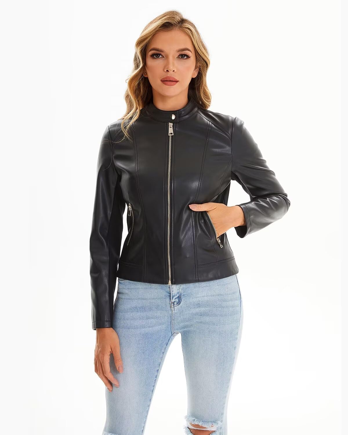 DIASHINY Veste en similicuir pour femme, manteau de motard zippé, vêtements d'extérieur courts en PU pour moto