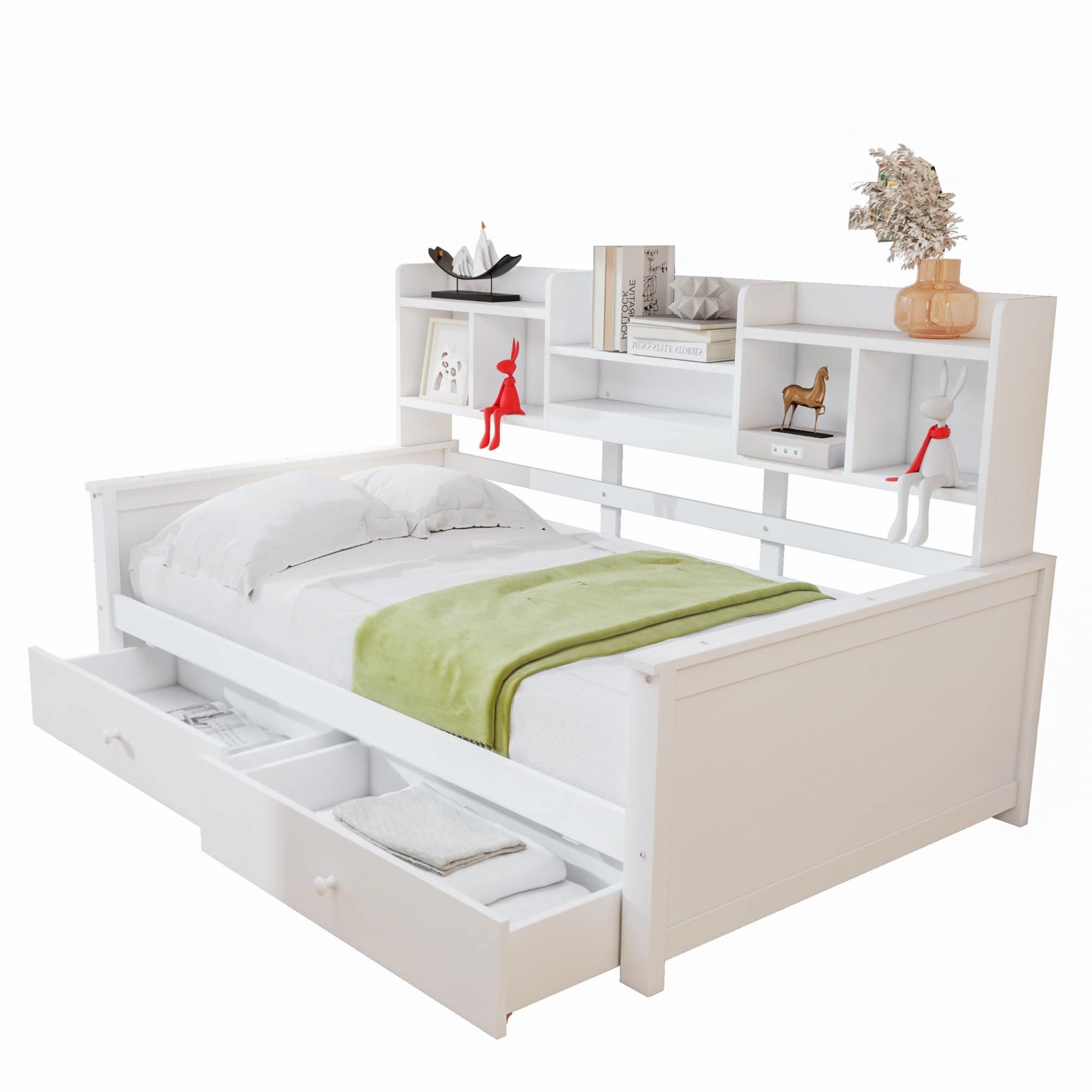 Cama Individual 90 x 200 cm Con Cajones y Estantes - Sofá Cama, Somier, Infantil, Juvenil - Madera Maciza Sin Colchón (Blanco)