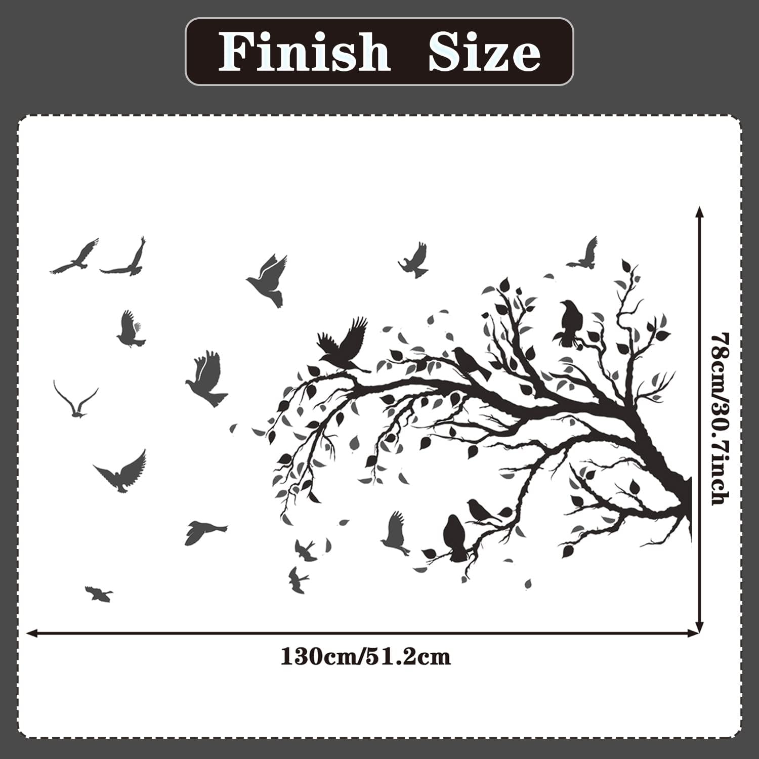 Black Tree Branch Flying Birds Wall Decal 50" × 30" DIY Birds Leaves Wall Stickers Peel & Stick Removable Vinyl Wall Art Decals for Living Room Bedroom TV Background Decor (Right to Left)