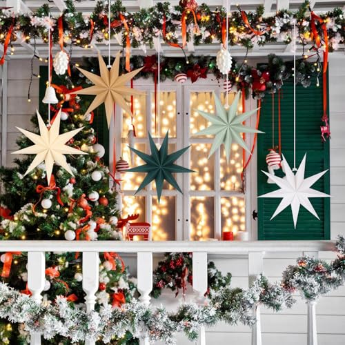 Image of 5 PCS 12 Inch Sage Green Paper Star Lanterns - Hanging Stars Christmas Party Decorations