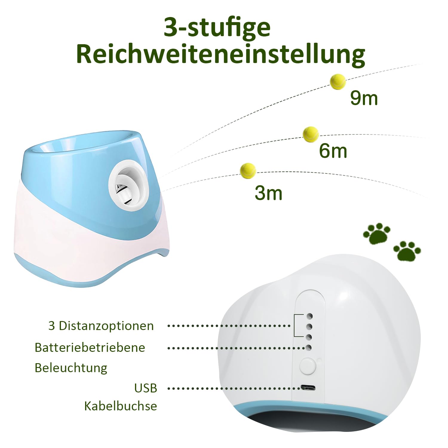 kurflo Automatischer Ballwerfer für Hunde, Automatischer Ballwurf, inkl. 3 verbesserter ETPU-Bälle, 3 Wurfweiten, Automatisches Auffangen, Ideal für Kleine, mittele Hunde Größe M (Weiß-Blau)