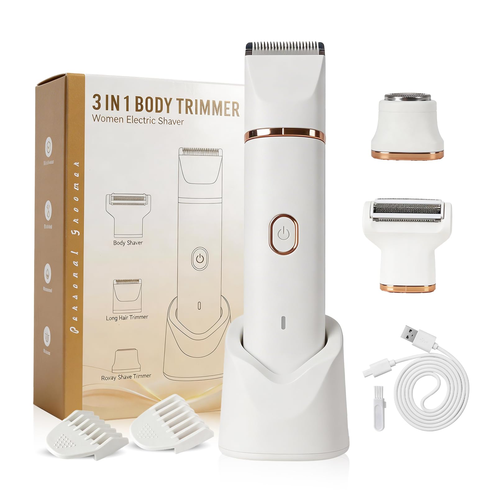 Rasoio da donna, 3 in 1, per donne, rimozione peli del viso, ricaricabile con stazione di ricarica USB, rasoio elettrico da donna, per gambe, braccia e viso, impermeabile IPX7