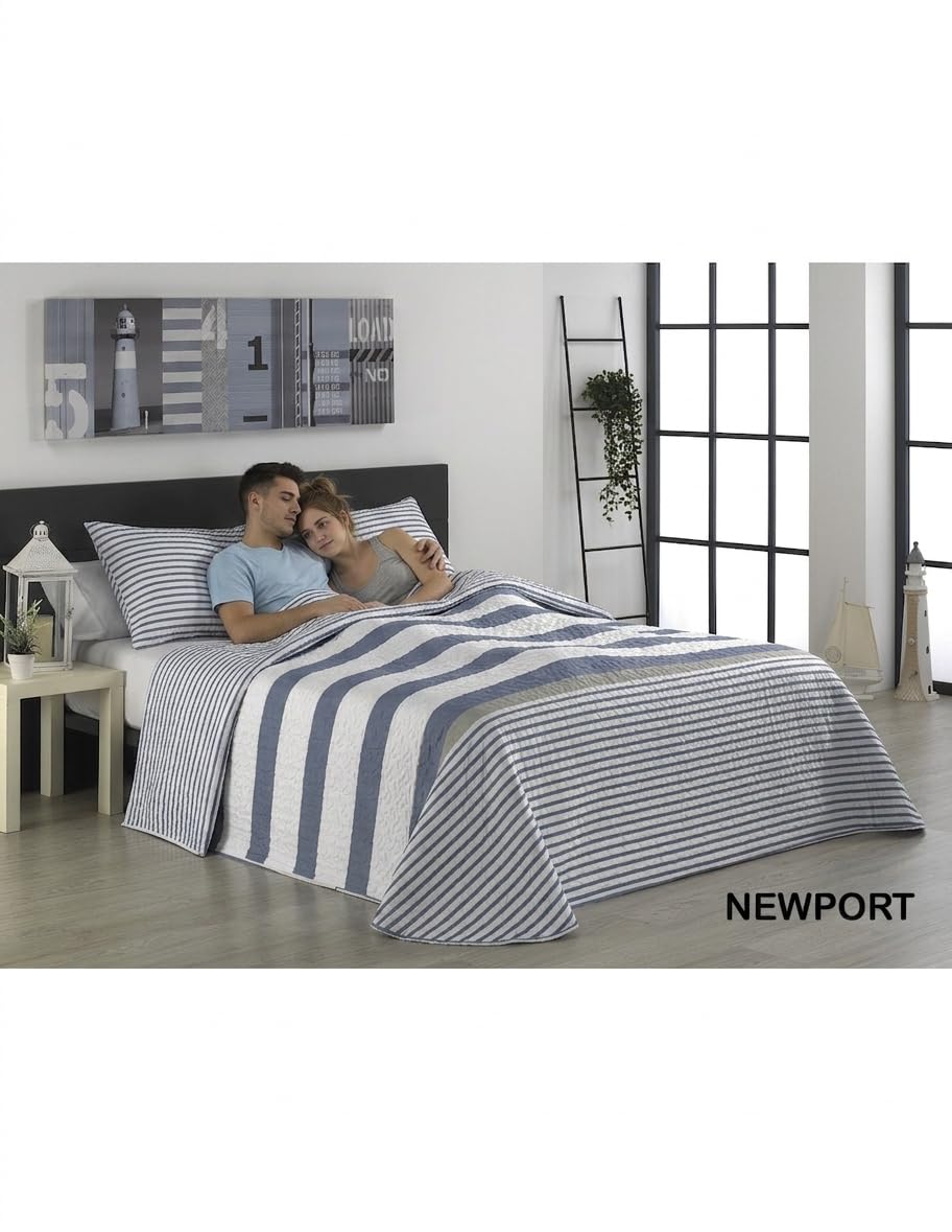 Colcha Bouti Reversible Newport con Estampado de Rayas Azul y Blanco, Acolchada con Ligera Guata para Entretiempo, Textil Hogar de Poliéster, Elegante Estilo Marinero para Dormitorio (135)