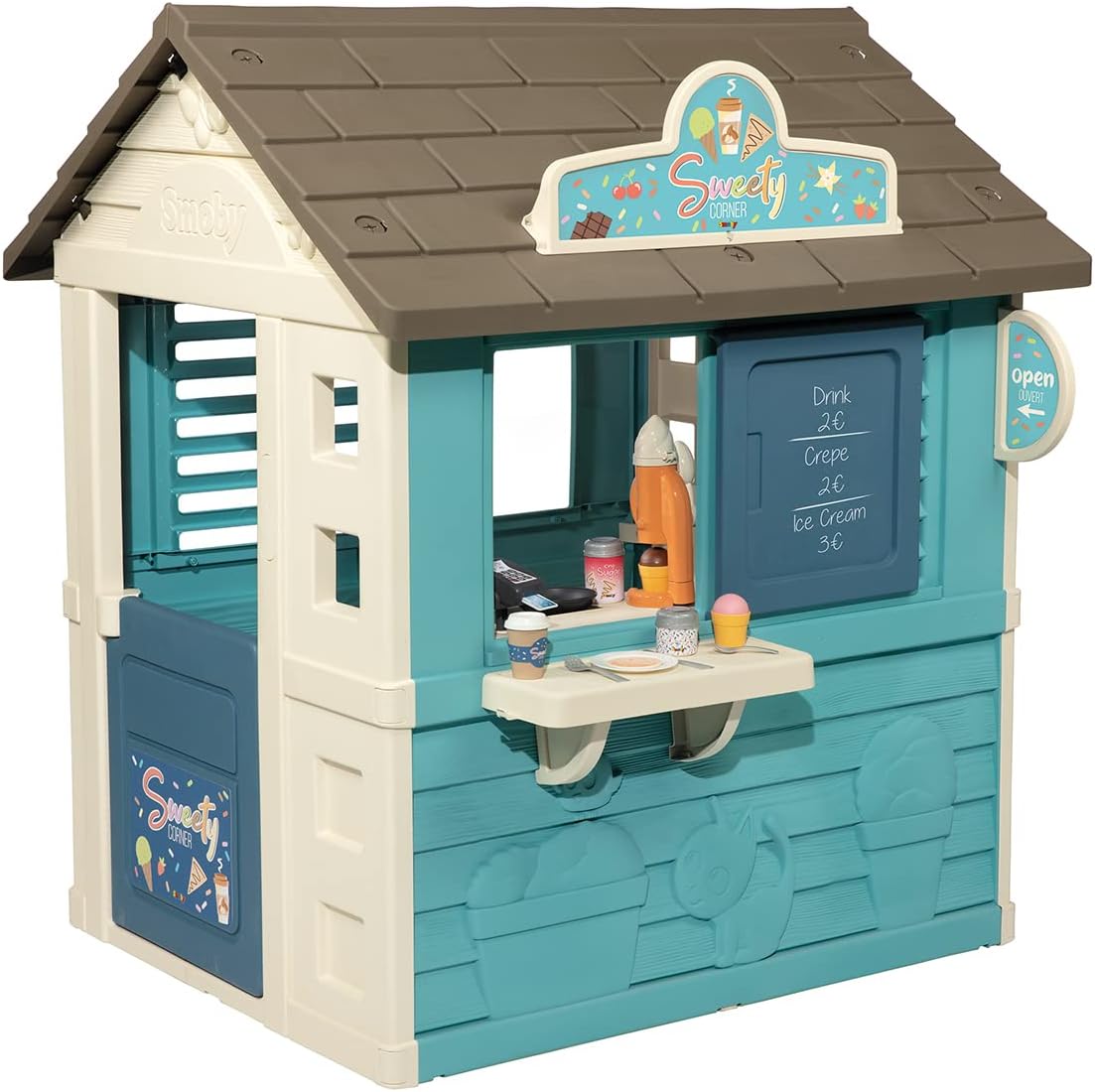 Smoby - Sweety Corner House - Children's Garden Cabin - Snack Theme - Ice Cream Machine - 18 Accessories - Recycled Material - From 2 Years Old - Made in France