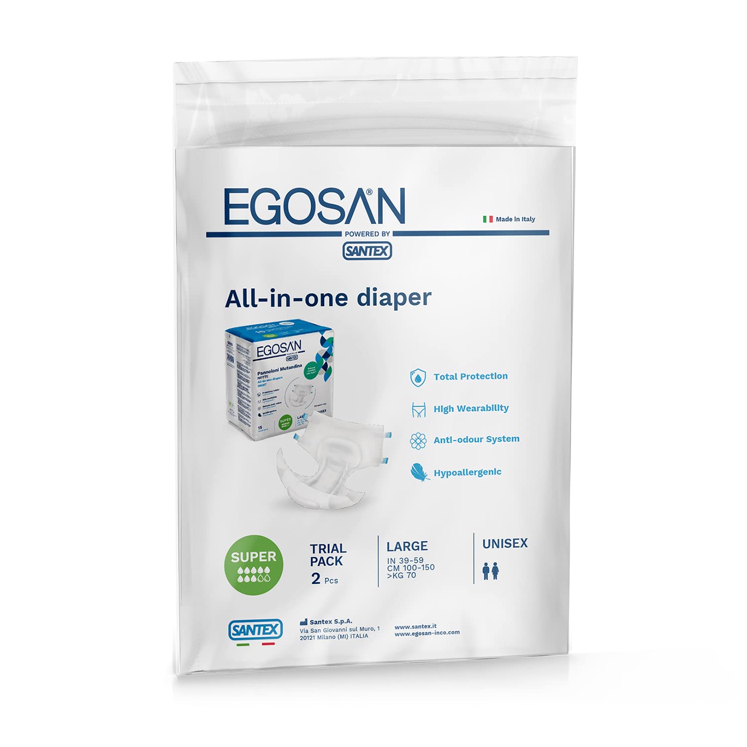 EGOSANSuper Night 2 Pack Trial Size Total Protection High Fit Anti Odour System Cotton Effect Fabric Hypoallergenic Unisex Large