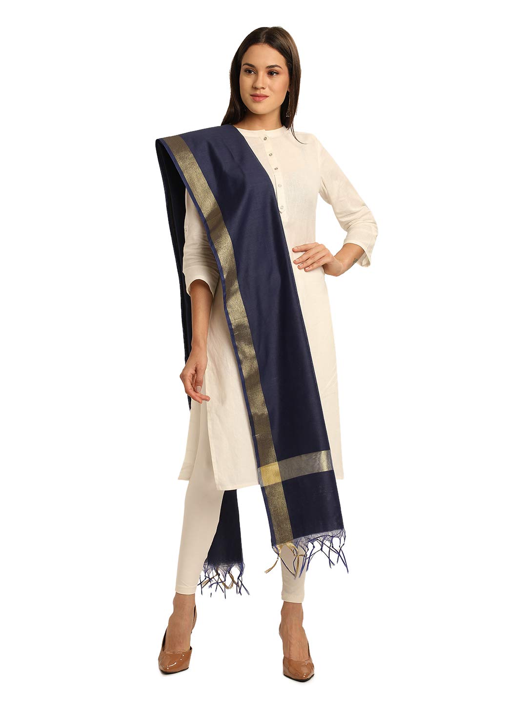 Morrio Beige Plain Cotton dupatta with Gold Border for Women