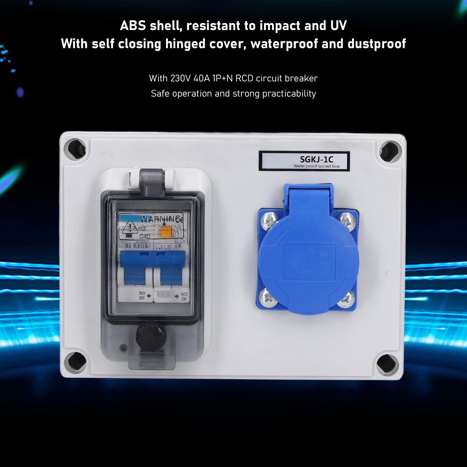 Boîte de Prise éLectrique Murale Norme Allemande pour Utilisation Dans Jardins Garages Extérieurs 200-250v avec Disjoncteur Rcd 1p+n 40A 230V Coque Abs Classification Ip54