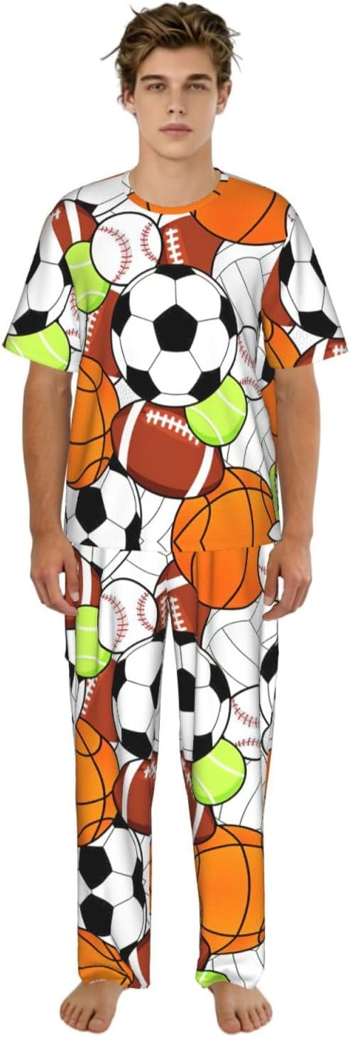 Men'S 2 Piece Loungewear Pajama Set Sports Ball Print Short Sleeve Tee Top And Pants Set S-3xl
