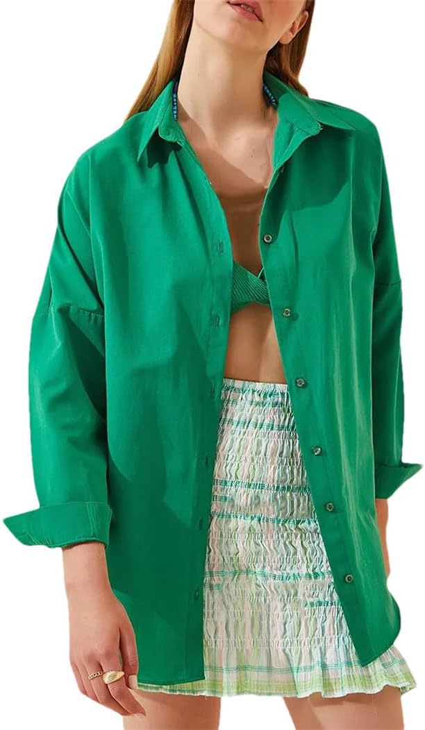 Women's Long Sleeved Button Down Shirt Solid Color Lapel Formal Blouses Spring Loose Boyfriend Style Tops